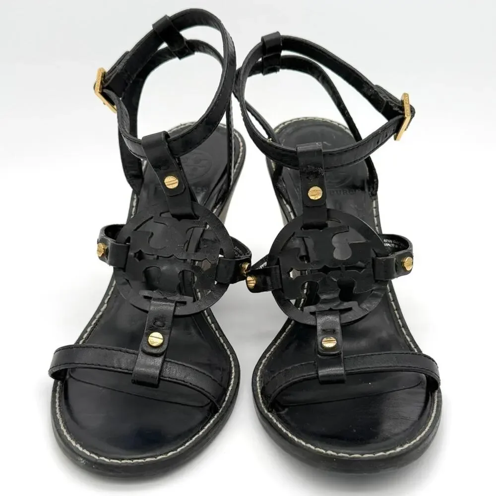 Tory Burch Leather Wedge Sandals Black Cutout Gold Studs Size 8M Summer Resort